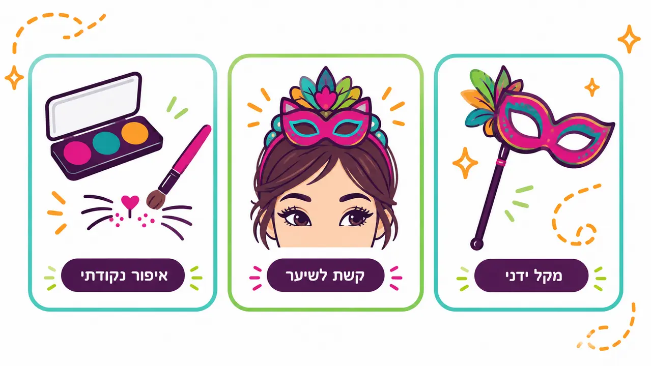 שלוש חלופות למסכה, מסכה ונציאנית על מקל, ילדה עם מסכת חתול על קשת לשיער ופלטת איפור עם שפם חתול
