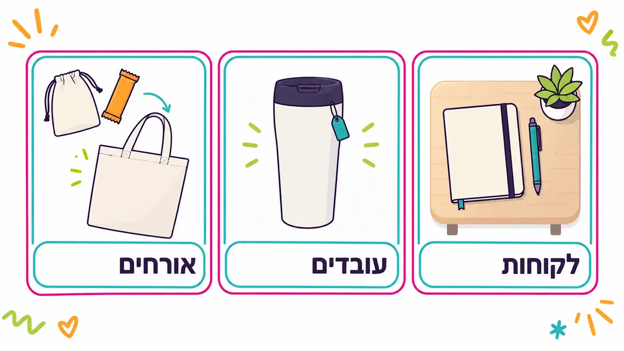 שלושה כרטיסים לפי קהל, מחברת ועט ללקוחות, כוס נסיעה לעובדים ותיק עם שקיק וחטיף לאורחים