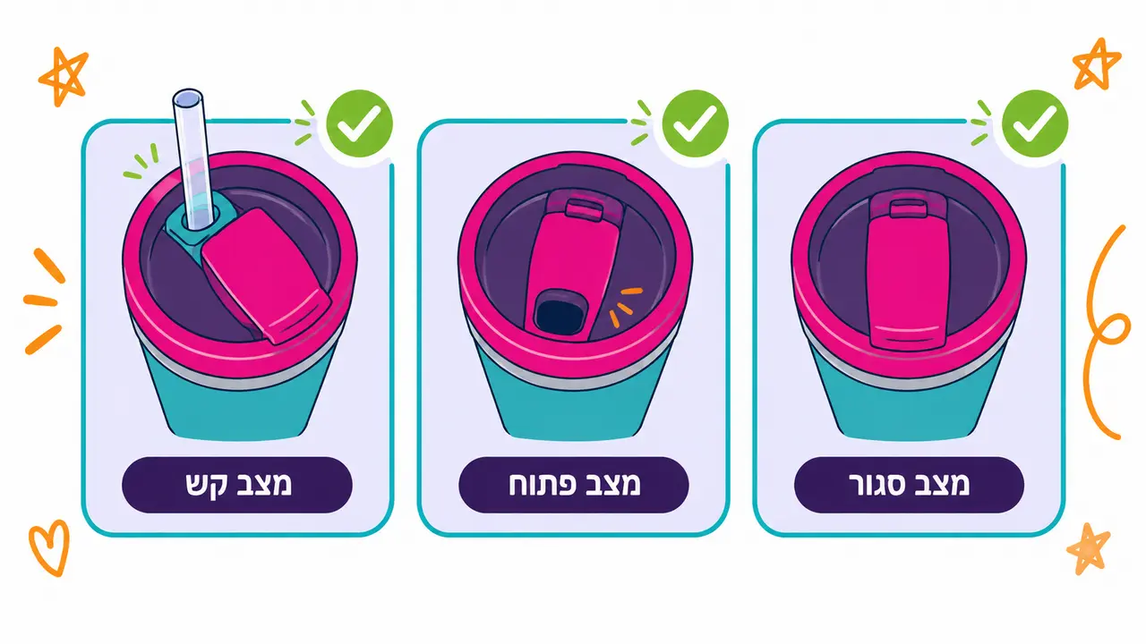 שלושה מצבים של מכסה כוס תרמית במבט מלמעלה, סגור, פתוח לשתייה ועם קש