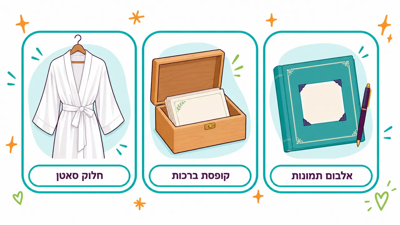 שלוש מזכרות לכלה, חלוק לבן על קולב, קופסת עץ פתוחה עם כרטיסי ברכה ואלבום תמונות בכריכה קשה עם עט