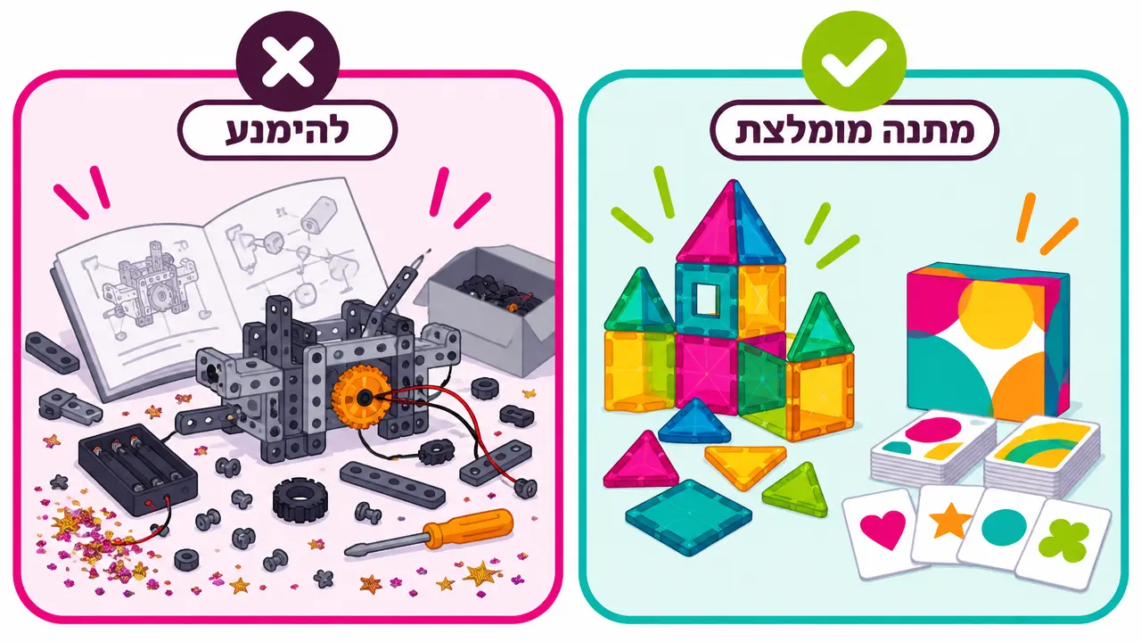 השוואה בין ערכה מכנית מסובכת עם מברג, חוברת הוראות, תא סוללות ונצנצים לבין אריחים מגנטיים ומשחק קלפים שמסומנים כמתנה מומלצת