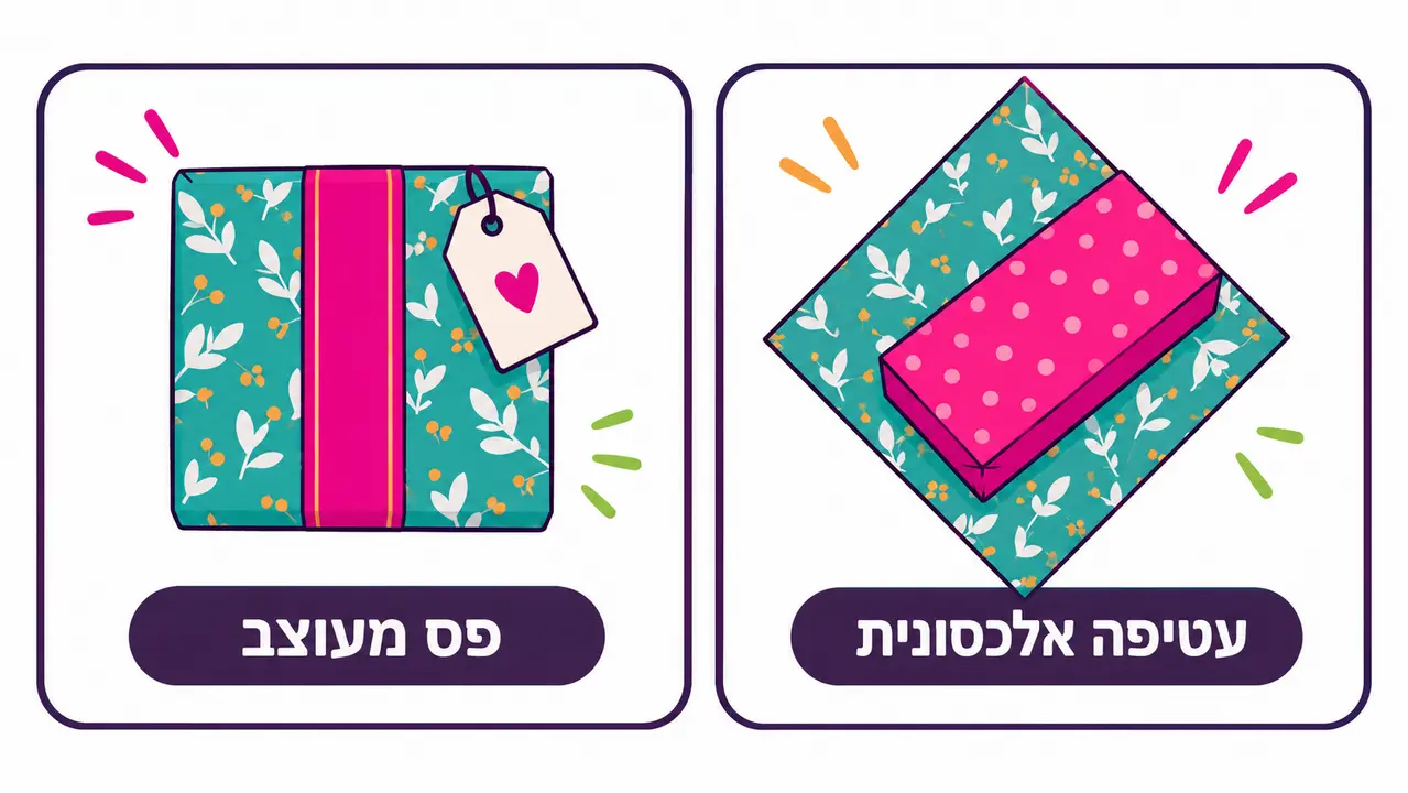 קופסה בעטיפה פרחונית עם פס ורוד מנוגד ותגית, וקופסה ורודה שמונחת באלכסון על גיליון לעטיפה אלכסונית