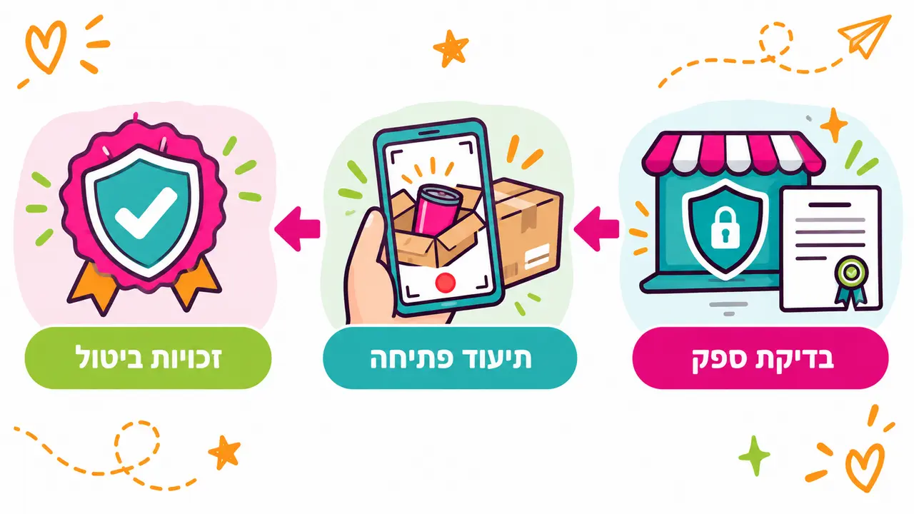 שלושה שלבים בקנייה בטוחה ברשת, בדיקת ספק, תיעוד פתיחת הקרטון וזכויות ביטול