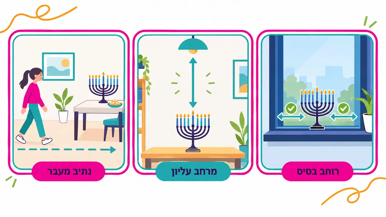 שלוש בדיקות למקום הדלקת החנוכיה, רוחב הבסיס על אדן החלון, המרחב שמעל הלהבות ונתיב המעבר ליד השולחן