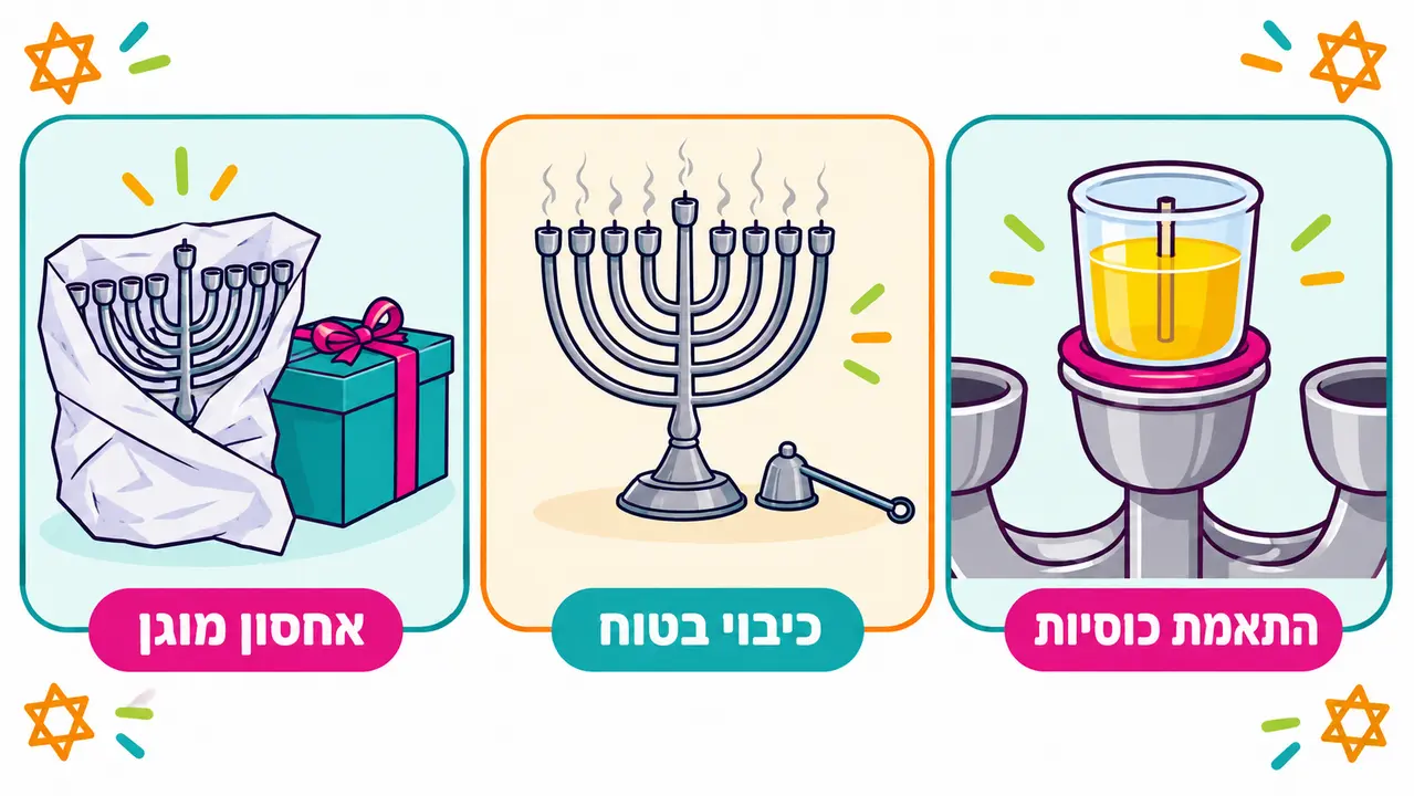 טבעת סיליקון שמייצבת כוסית שמן, כיבוי זהיר של נרות החנוכיה ואחסון החנוכיה עטופה בנייר משי