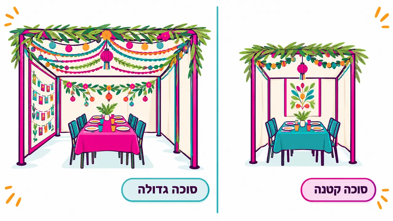 השוואה בין סוכה קטנה עם דופן מרכזית אחת ושרשרת אחת לבין סוכה גדולה עם שכבות של שרשראות, פנסים ושולחן ארוך