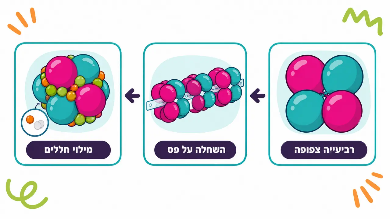 איור בשלושה שלבים של בניית קשת בלונים, רביעייה צפופה, השחלת רביעיות על פס ומילוי חללים בבלונים קטנים עם נקודת דבק