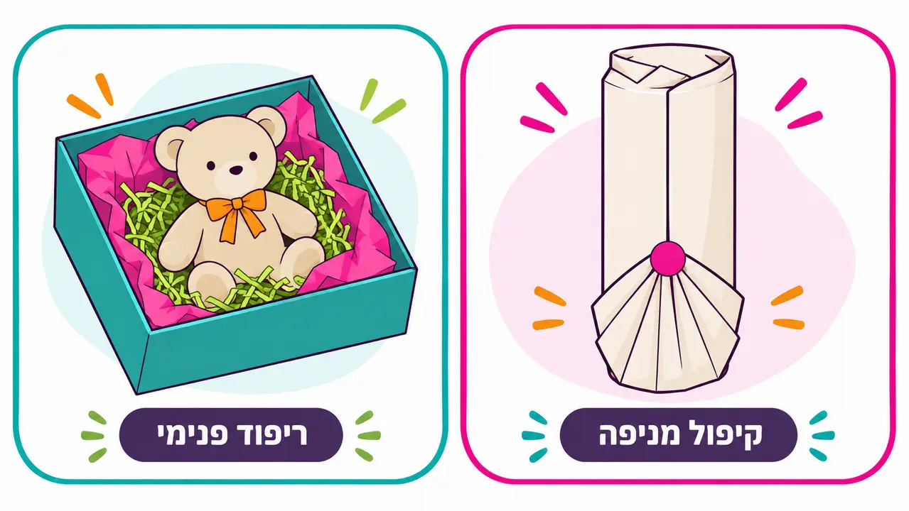 דובי בקופסת מתנה על ריפוד של נייר משי וגרוס, וגליל שנסגר בקיפול מניפה ובמדבקה עגולה