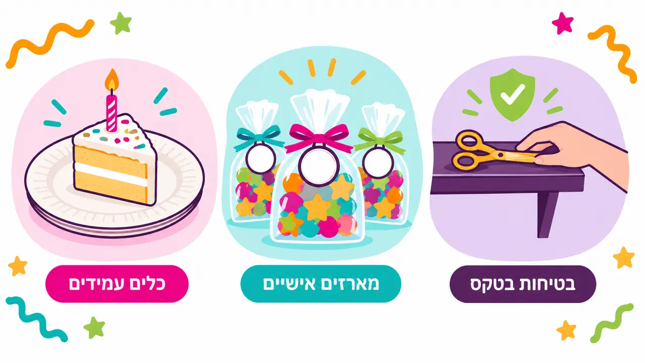 פרוסת עוגה על צלחות עמידות, שקיות הפתעה סגורות ויד של מבוגר שמניחה מספריים על מדף גבוה
