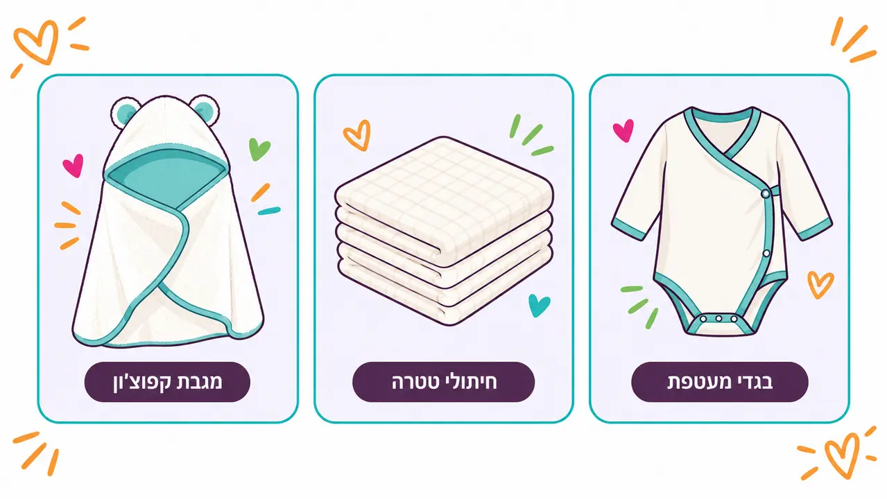 מגבת קפוצ'ון עם אוזניים, ערימת חיתולי טטרה מקופלים ובגד גוף מעטפת עם תיקתקים בצד
