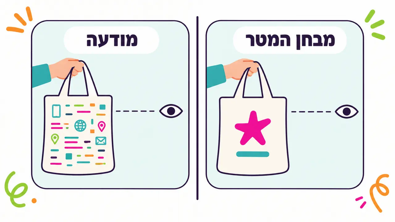 שני תיקי בד מול עין שמסתכלת ממרחק, תיק נקי עם סמל כוכב אחד ושורה אחת ותיק עמוס בסמלים ובטקסט