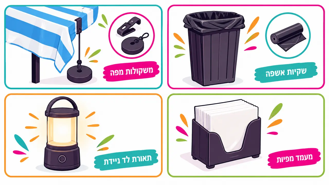 משקולות למפה בכחול-לבן, פח עם שקיות אשפה, תאורת לד ניידת ומעמד מפיות לחגיגת יום העצמאות בחוץ