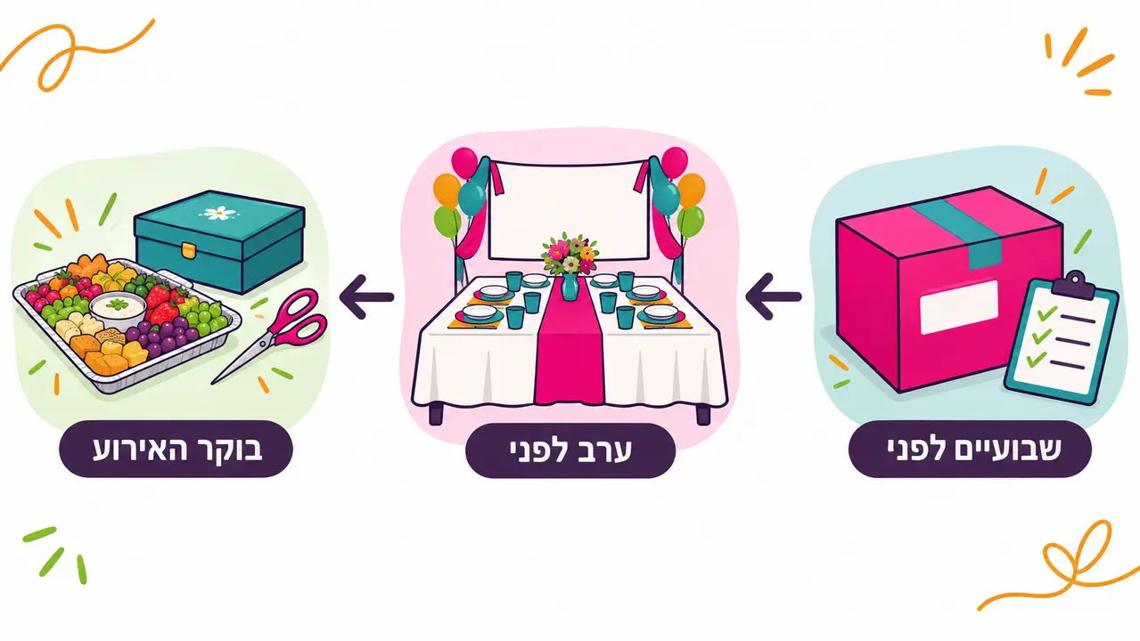 שלושה שלבים בהכנה לחלאקה, משלוח עם רשימת בדיקה, שולחן ערוך עם בלונים ומגש פירות ליד מספריים