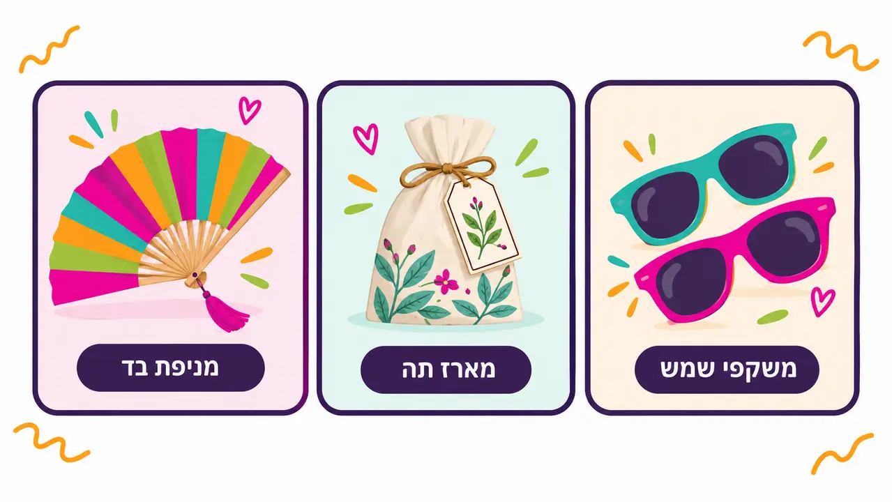 שלושה כרטיסים של חלופות למגנט, שני זוגות משקפי שמש צבעוניים, שקיק בד של מארז תה ומניפת בד בצבעי הקשת