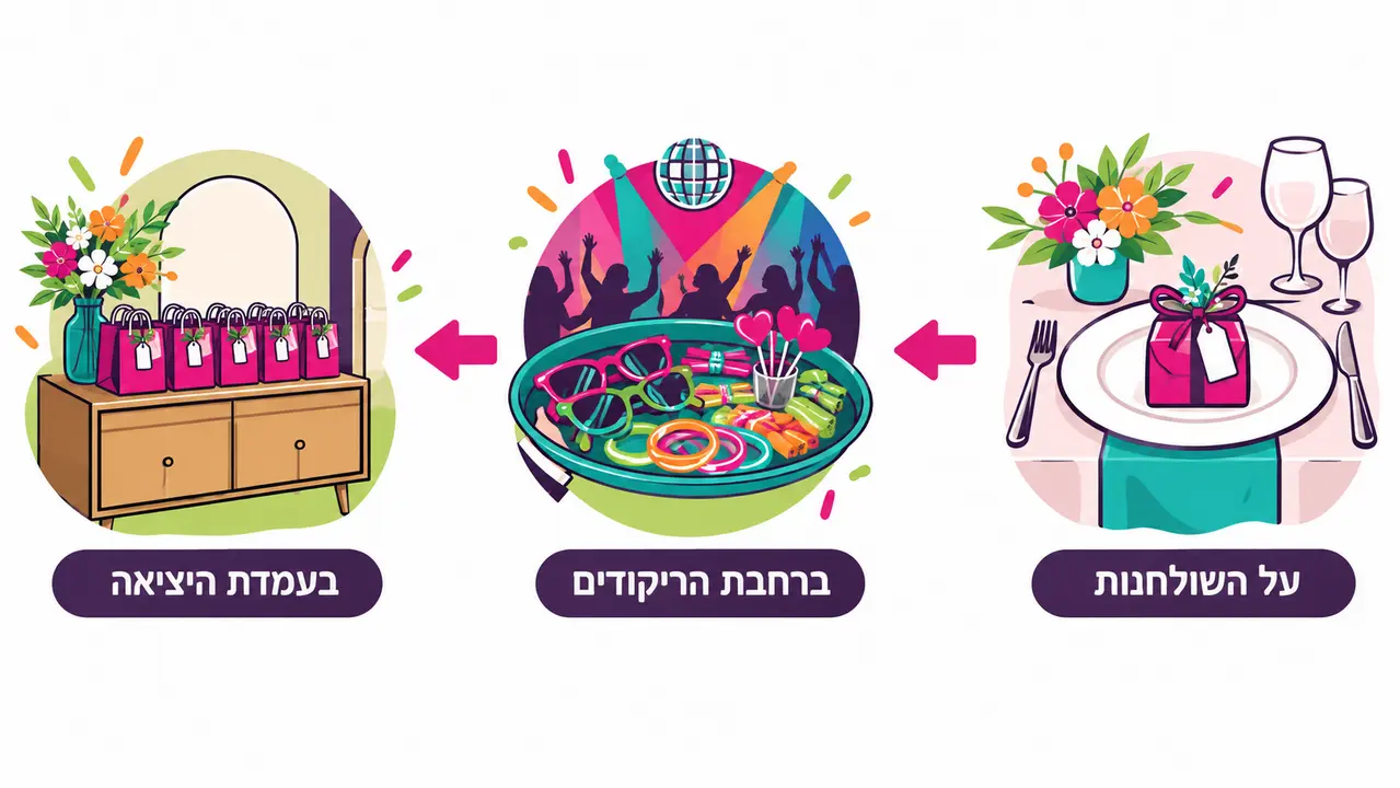 שלושה שלבי חלוקה עם חצים, קופסת מתנה על צלחת בשולחן, מגש משקפיים וצמידים זוהרים ברחבת הריקודים ושורת שקיות מתנה בעמדת היציאה