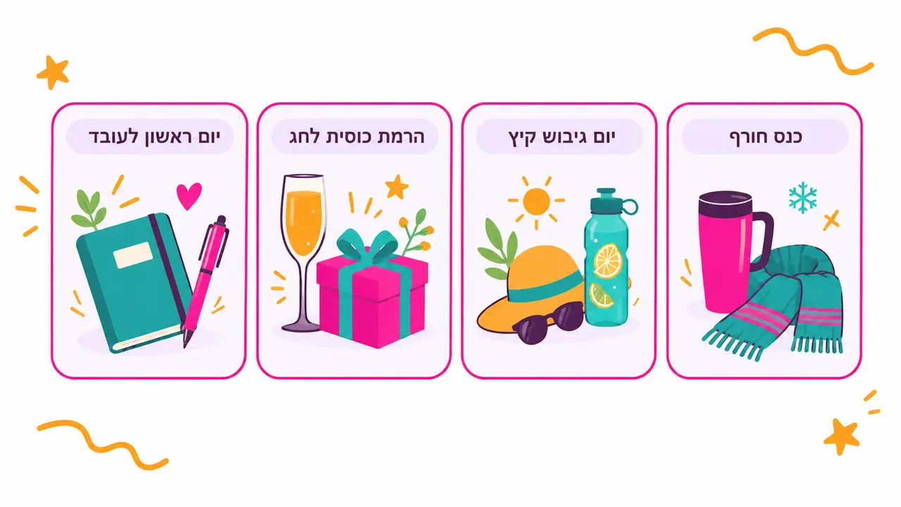 ארבעה כרטיסי אירועים לאורך השנה, כנס חורף עם ספל וצעיף, יום גיבוש קיץ עם כובע ובקבוק, הרמת כוסית לחג עם כוס וקופסת מתנה ויום ראשון לעובד עם מחברת ועט