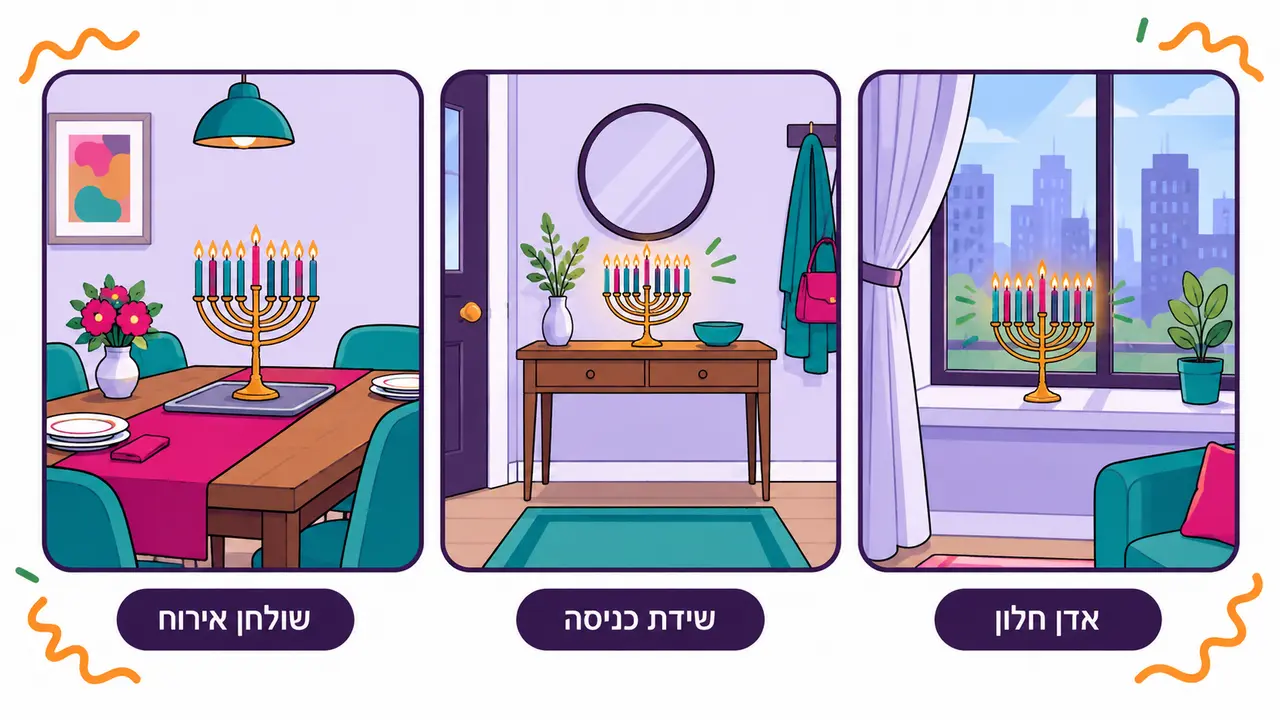 שלוש חנוכיות מוזהבות דולקות, על אדן חלון מול העיר, על שידת כניסה ועל מגש בשולחן אירוח