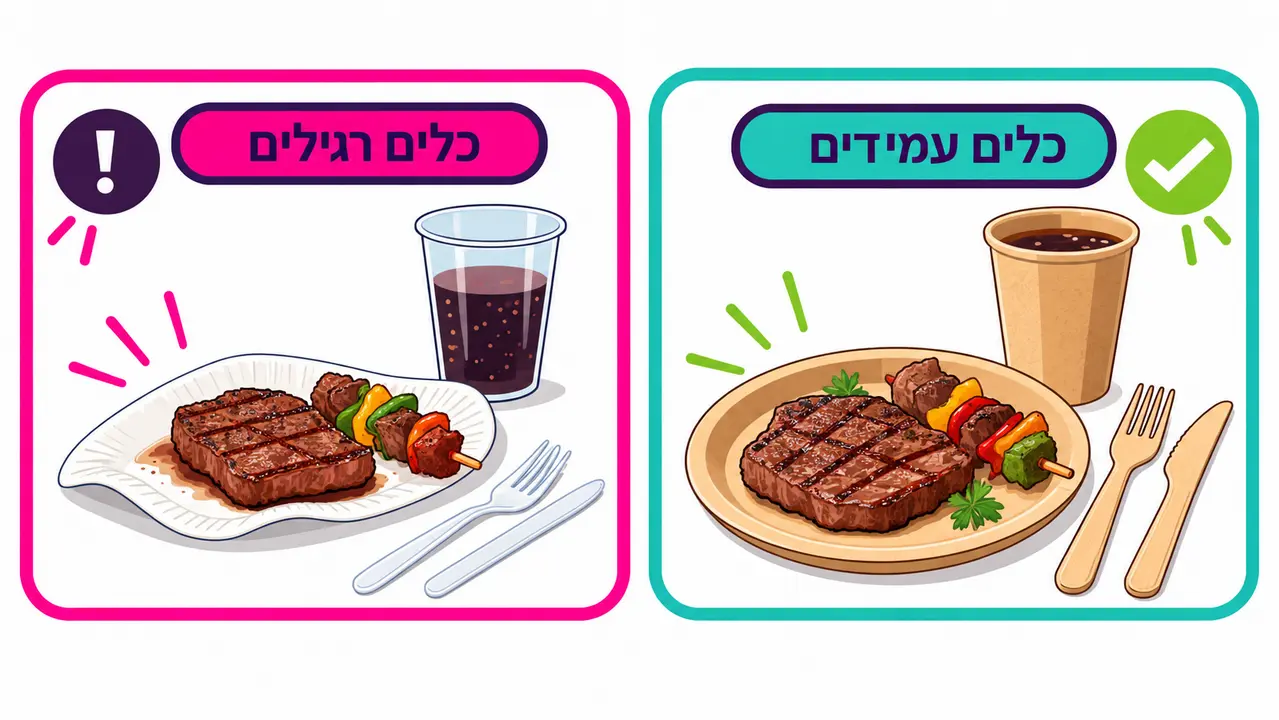 צלחת נייר דקה מתקפלת תחת סטייק ושיפוד לעומת צלחת קראפט עבה עם סכו"ם עץ שמחזיקה את המנה