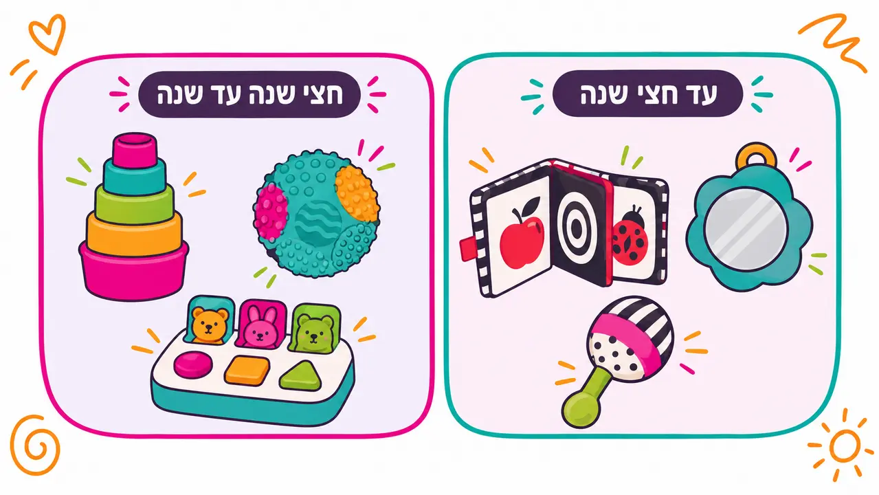 שני לוחות לפי גיל, עד חצי שנה ספר ניגודים בשחור לבן, מראת תינוק ורעשן, ומחצי שנה עד שנה כוסות לערימה, כדור תחושתי וצעצוע חיה קופצת