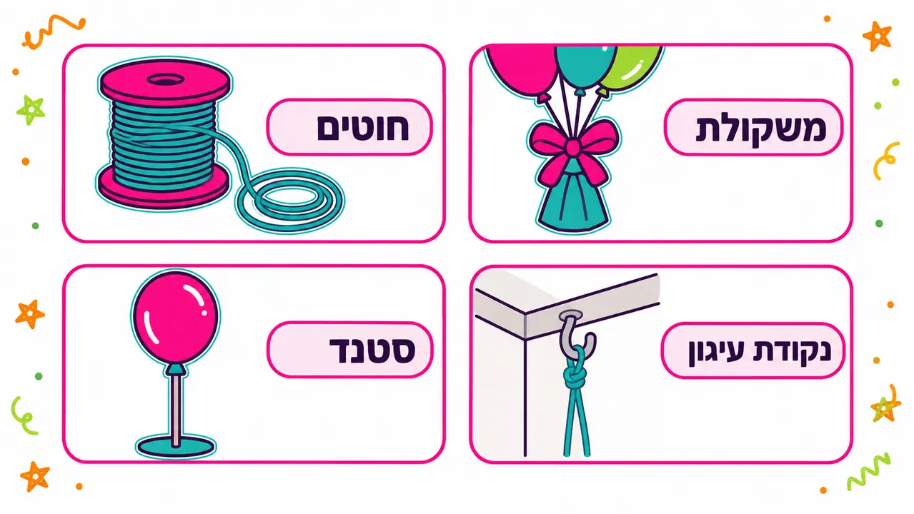 ארבעה כרטיסים מאוירים של חוטים, משקולת, סטנד ונקודת עיגון לבלונים