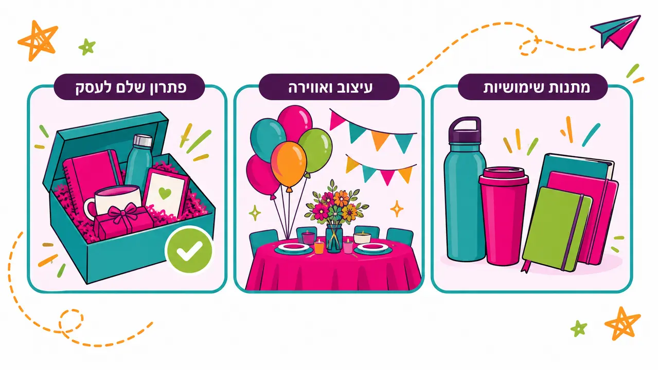 שלושה כרטיסים, מתנות שימושיות עם בקבוק, כוס ומחברות, עיצוב ואווירה עם בלונים ושולחן ערוך, ופתרון שלם לעסק עם קופסת מתנה