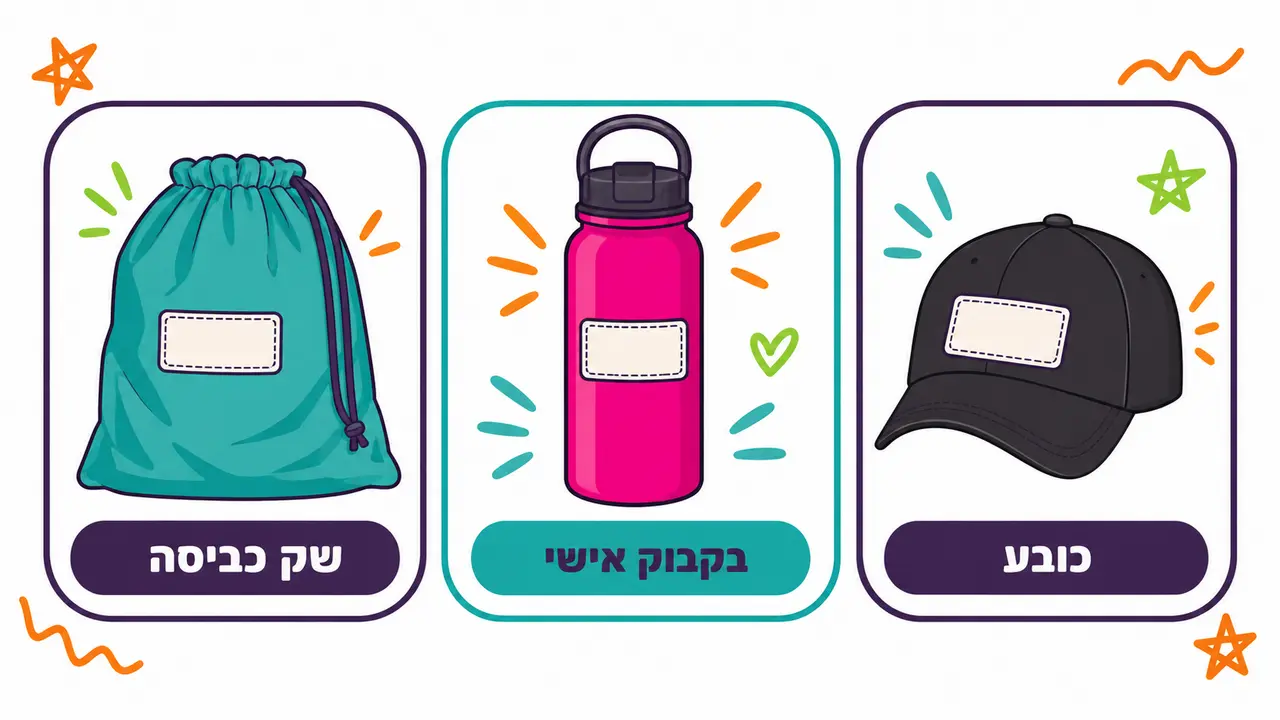 שק כביסה טורקיז, בקבוק ורוד וכובע שחור עם תוויות לבנות ריקות להדפסת שם