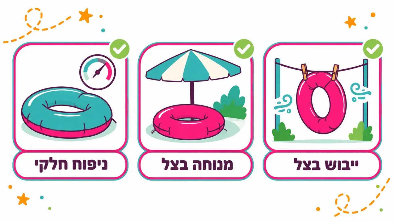 שלושה כרטיסים מאוירים של ניפוח חלקי עם מד לחץ, אבוב מתחת לשמשייה ואבוב שמתייבש על חבל כביסה
