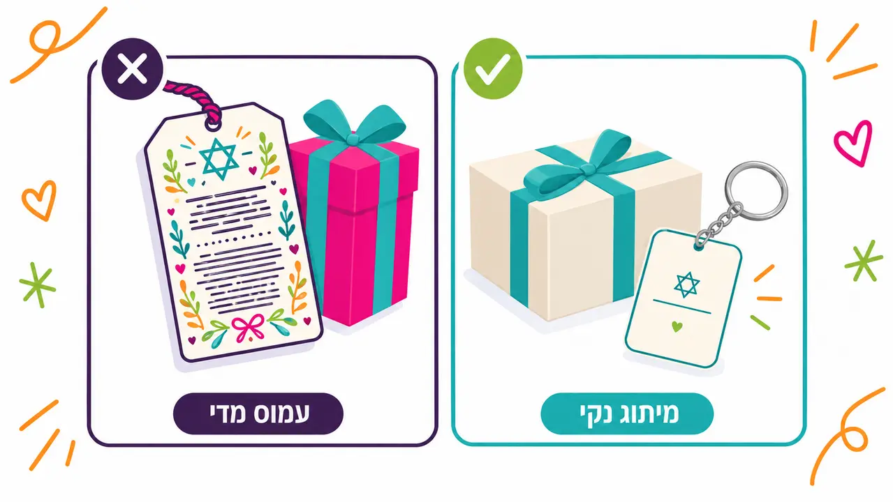השוואה בין תגית מזכרת עמוסה בטקסט ובקישוטים לבין קופסה בהירה עם סרט טורקיז ותגית פשוטה