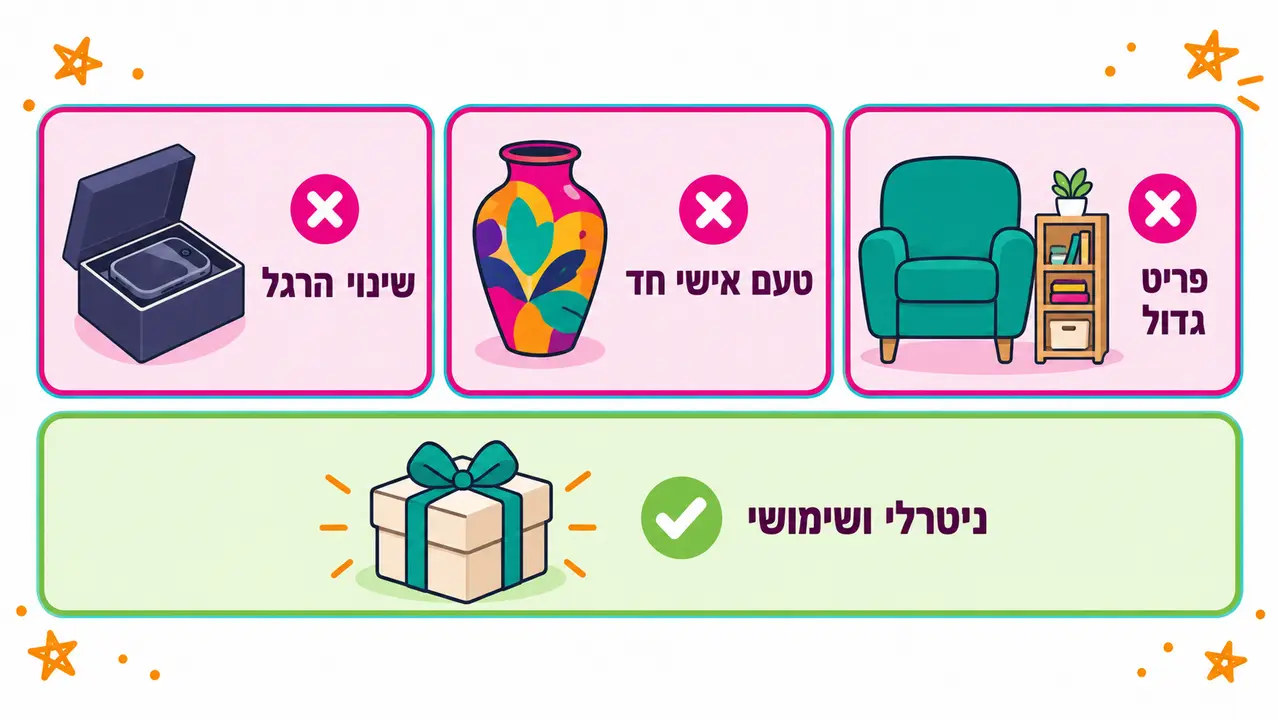 שלושה כרטיסים מסומנים באיקס, שינוי הרגל, טעם אישי חד ופריט גדול, וכרטיס ירוק של מתנה ניטרלית ושימושית