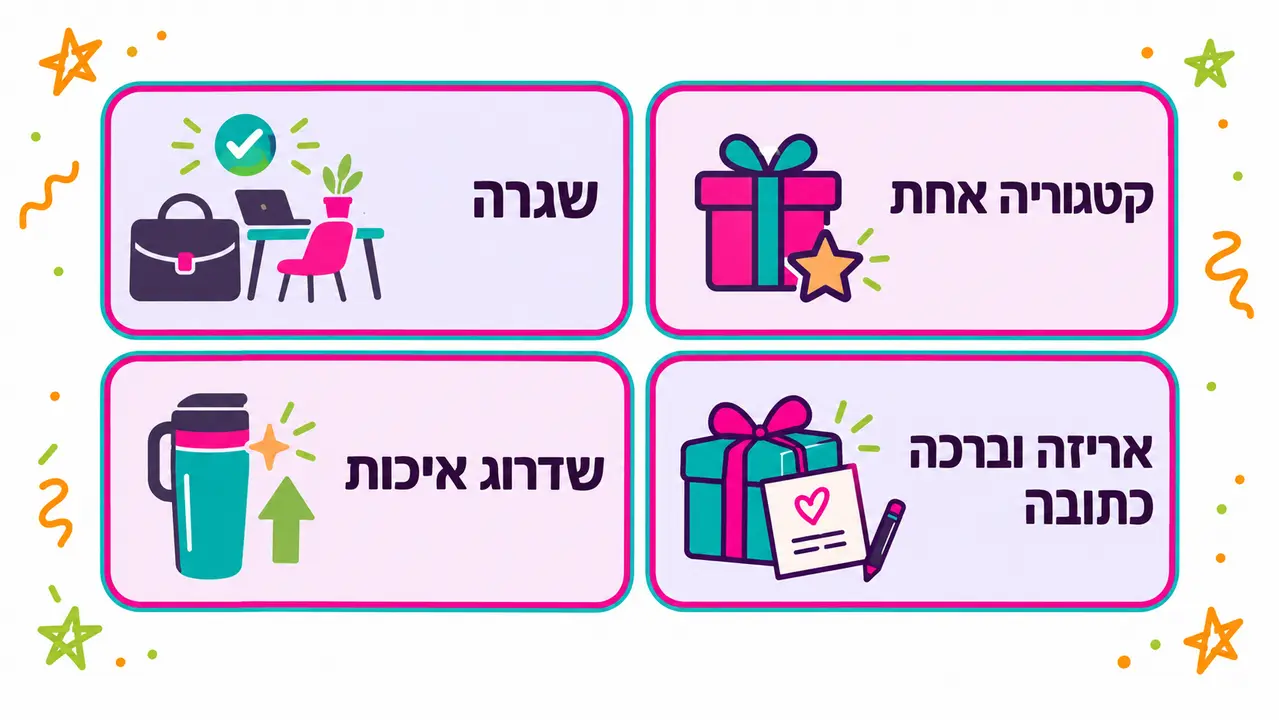 ארבעה כרטיסים מאוירים של שגרה, קטגוריה אחת, שדרוג איכות ואריזה עם ברכה כתובה