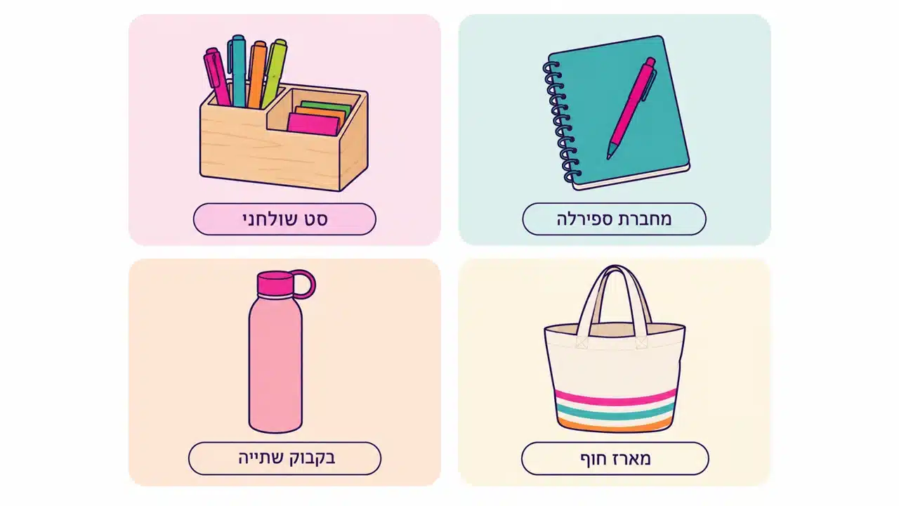 ארבע מתנות לגננת, סט שולחני מעץ, מחברת ספירלה עם עט, בקבוק שתייה ומארז חוף מבד