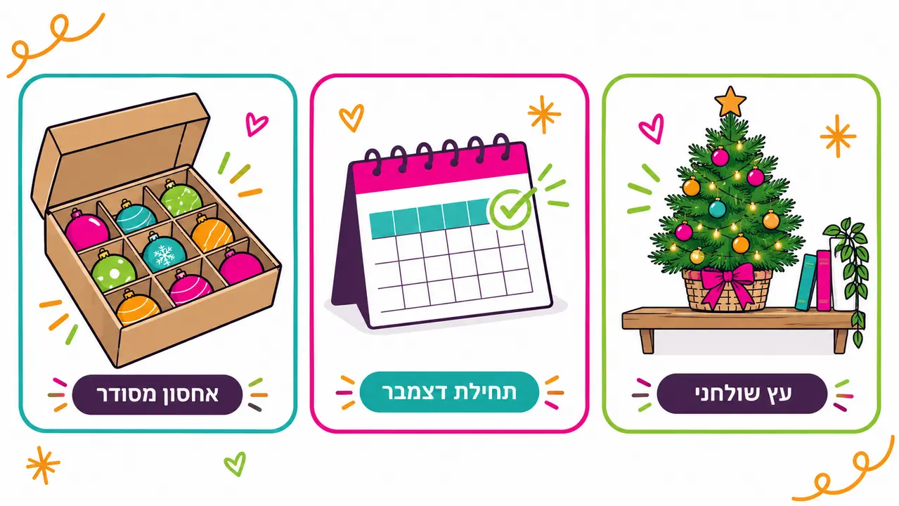 עץ כריסמס שולחני בסלסלה, לוח שנה עם סימון וקופסת קרטון עם תאים לכדורי עץ
