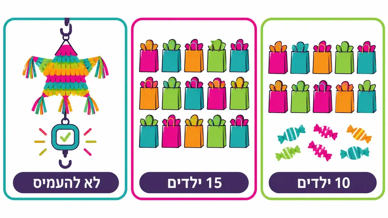 איור של שקיות הפתעה לעשרה ולחמישה עשר ילדים לצד משקולת שמסמלת את גבול המשקל של הפיניאטה