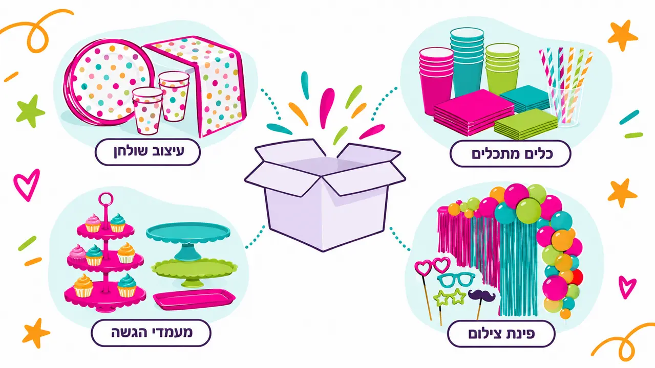 ארבעה מקבצי ציוד למסיבה סביב קופסה פתוחה, כלים מתכלים, עיצוב שולחן, מעמדי הגשה ופינת צילום