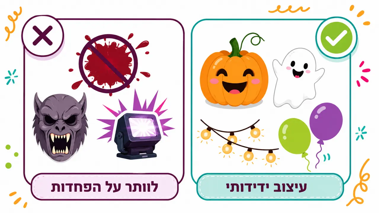 השוואה בין עיצוב ידידותי עם דלעת מחייכת, רוח רפאים חמודה ונורות לבין דם מלאכותי, מסכת מפלצת ופנס מהבהב שכדאי לוותר עליהם
