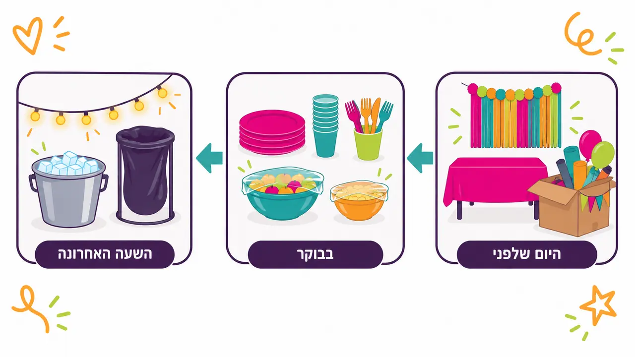 ציר זמן בשלושה שלבים להכנת מסיבה, היום שלפני, הבוקר והשעה האחרונה