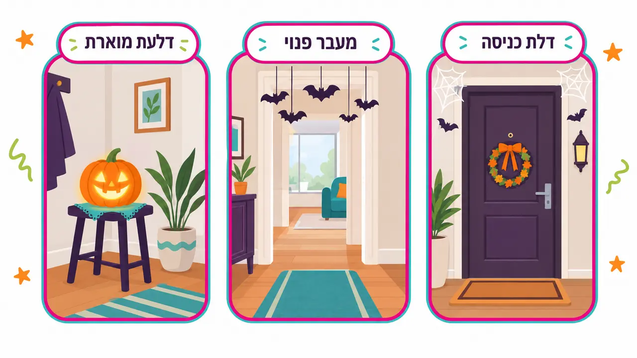 דלת כניסה עם זר עלי סתיו, עטלפים וקורי עכביש, מסדרון פנוי עם עטלפים תלויים ודלעת מוארת על שרפרף