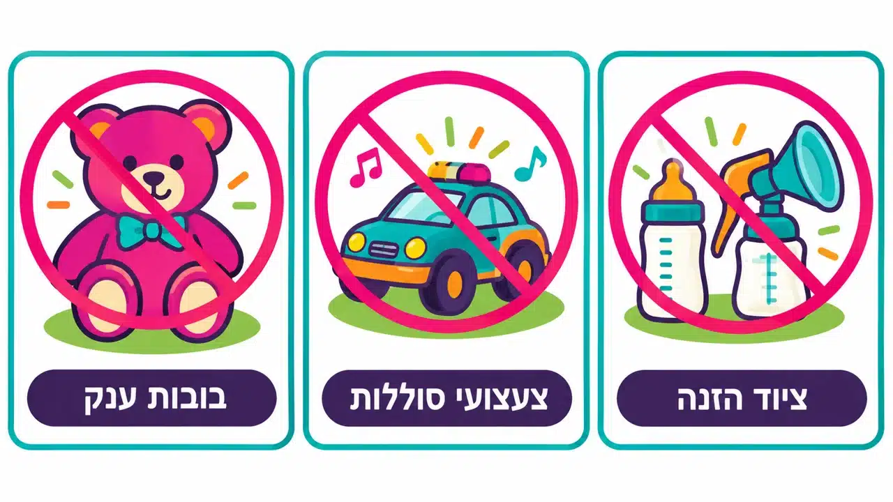 שלושה פריטים עם סימן איסור, דובי גדול עם פפיון, מכונית צעצוע מהבהבת עם תווים ובקבוק עם משאבת הנקה