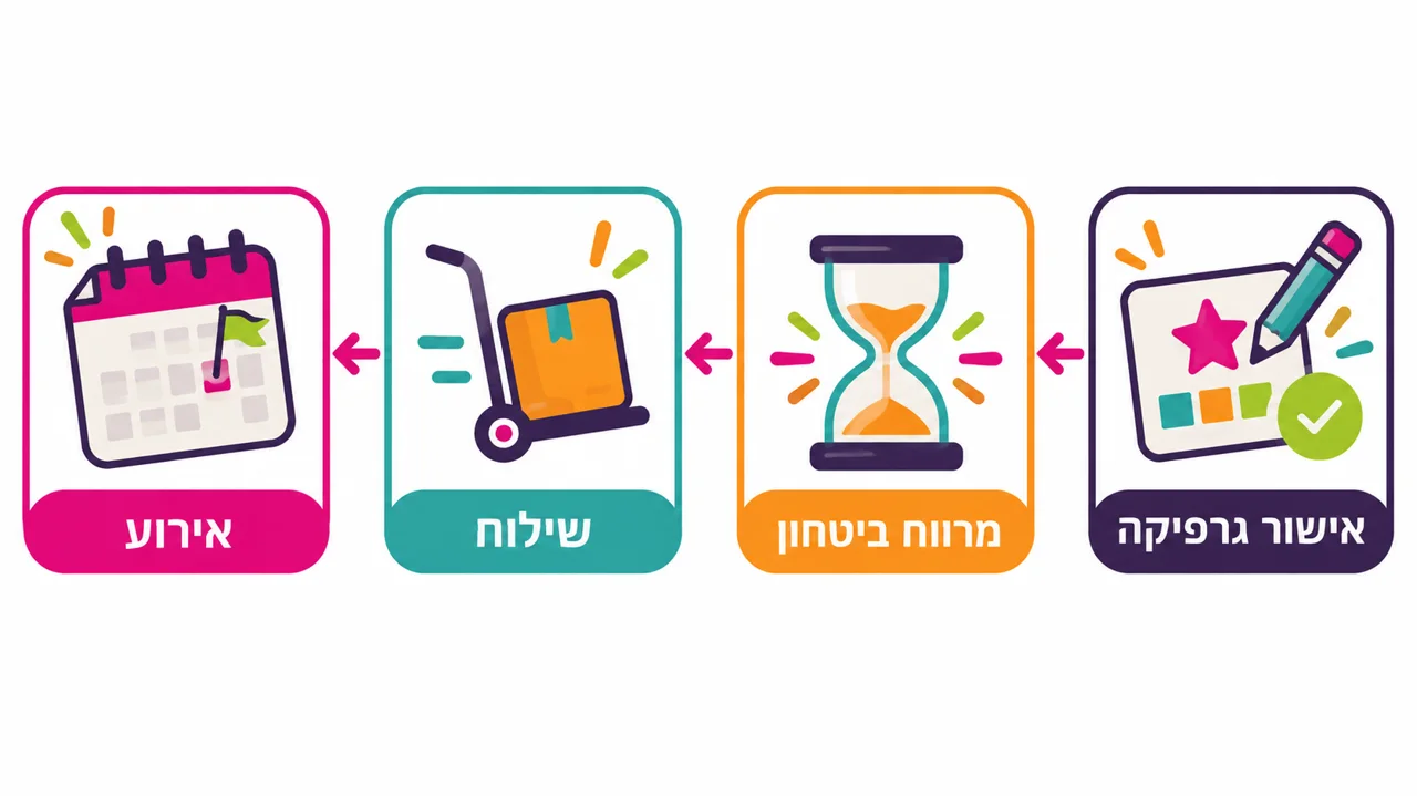 ציר זמן לתכנון לאחור ממועד האירוע, עם שלבי אישור גרפיקה, מרווח ביטחון ושילוח