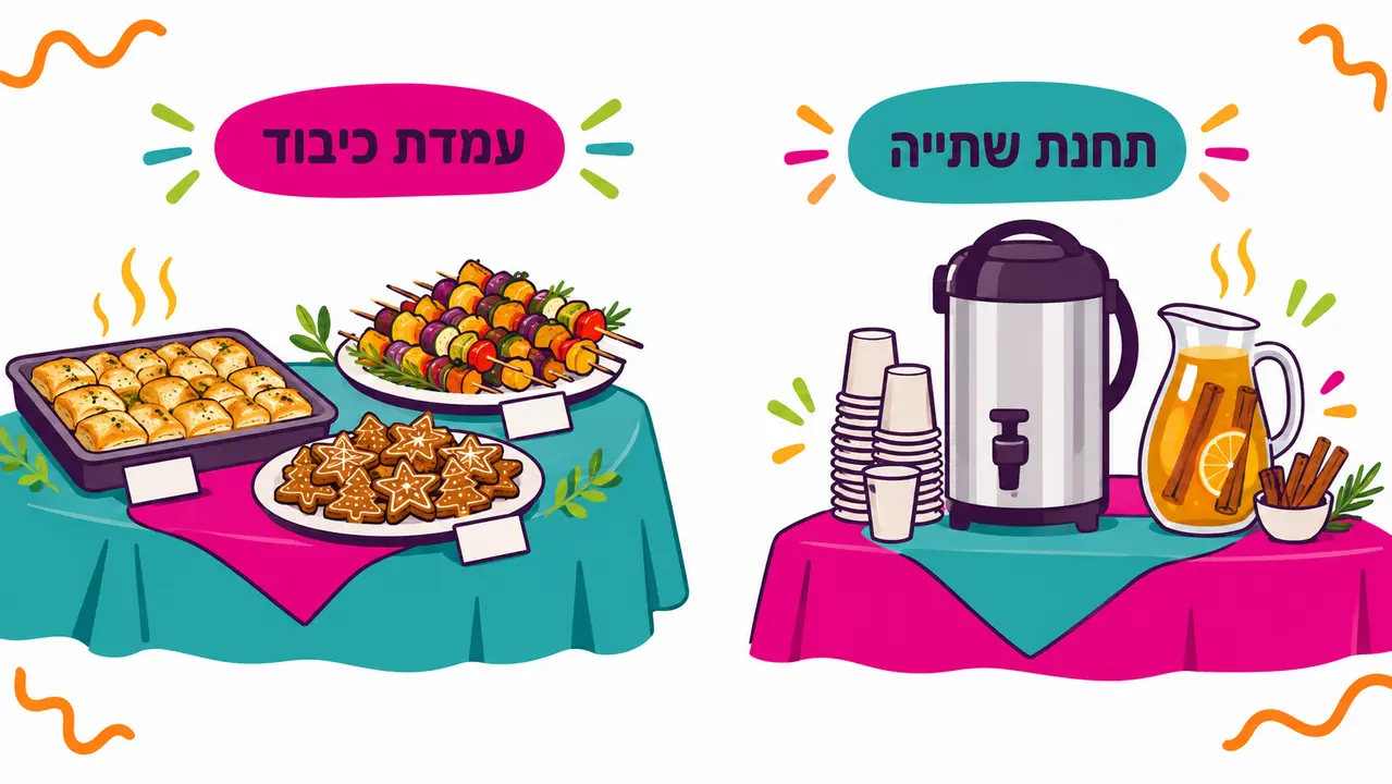 שולחן כיבוד עם מאפים, שיפודי ירקות ועוגיות ג'ינג'רברד ולידו תחנת שתייה עם מיחם, כוסות וקנקן סיידר