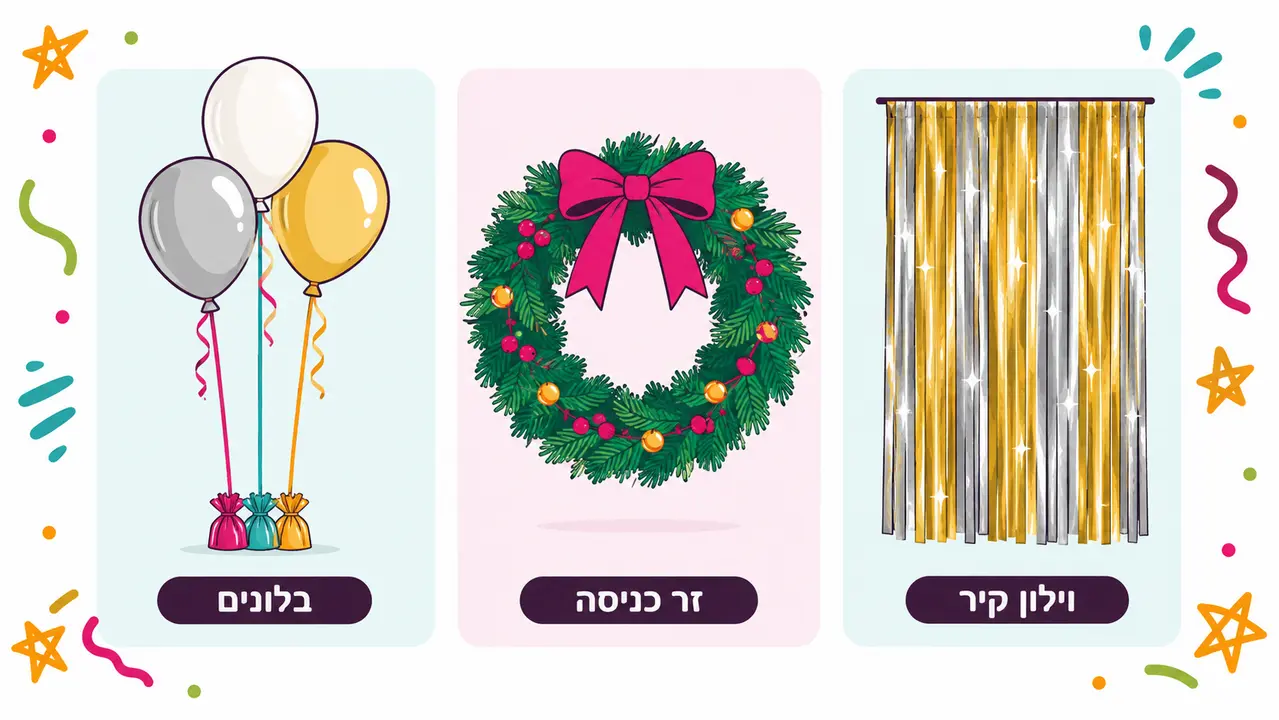וילון נצנצים בזהב וכסף, זר ירוק עם פפיון ורוד ובלונים בלבן, בכסוף ובזהב לחגיגת כריסמס