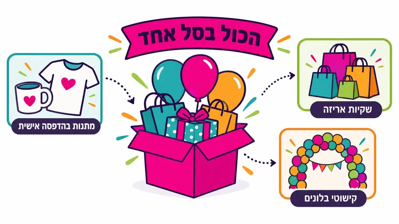 קופסה ורודה מלאה בבלונים, שקיות ומתנה, ולצדה מתנות מודפסות, שקיות אריזה וקשת בלונים