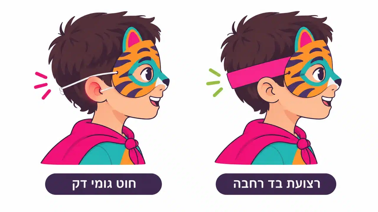 ילד בתחפושת עם מסכת פורים בשני מבטים מהצד, חוט גומי דק שנלחץ על האוזן מול רצועת בד רחבה ורכה סביב הראש