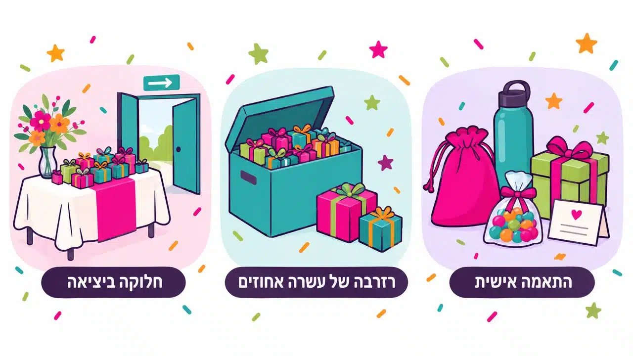 שלושה איורים של מזכרות אישיות, ארגז רזרבה עם מתנות ארוזות ושולחן חלוקה ליד דלת היציאה