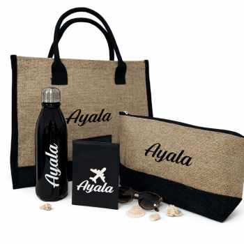 מארז איילה- תיק יוטה גדול, תיק רחצה יוטה, דרכון ובקבוק ממותג