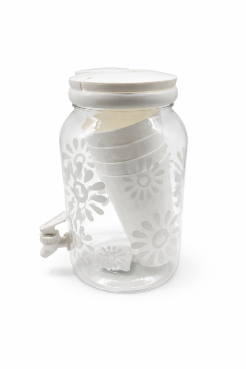 מיכל שתיה בעיצוב פרח לבן+4 כוסות מתנה