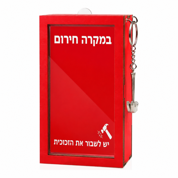 קופסת חירום למתנה עם פטישון כיתוב עברית