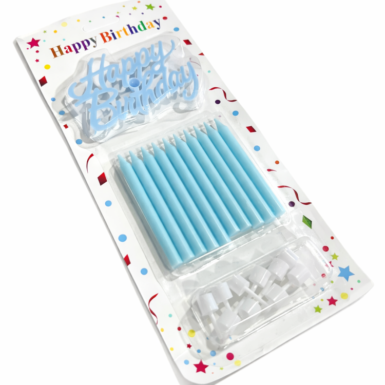 סט 10 נרות תכלת+מעמד HAPPY BIRDHDAY
