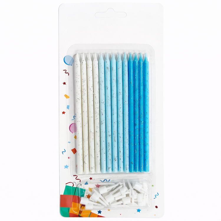 נרות ארוכים כחול לבן תכלת עם נצנצים