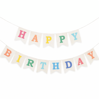 שלט צבעוני Happy birthday בד יוטה לבן